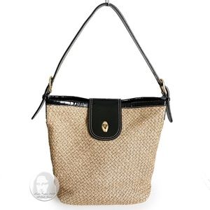 Eric Javits Bag Bucket Shoulder Bag Black Patent Leather Trim Turnlock